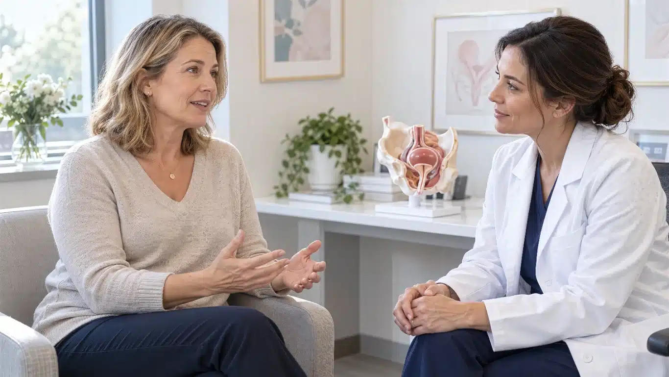 Botox for Overactive Bladder Consultation Female doctor consulting with patient about bladder health in medical office