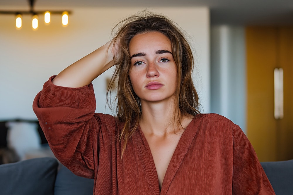 A woman with natural hair and a burnt orange top running her hand through her hair.